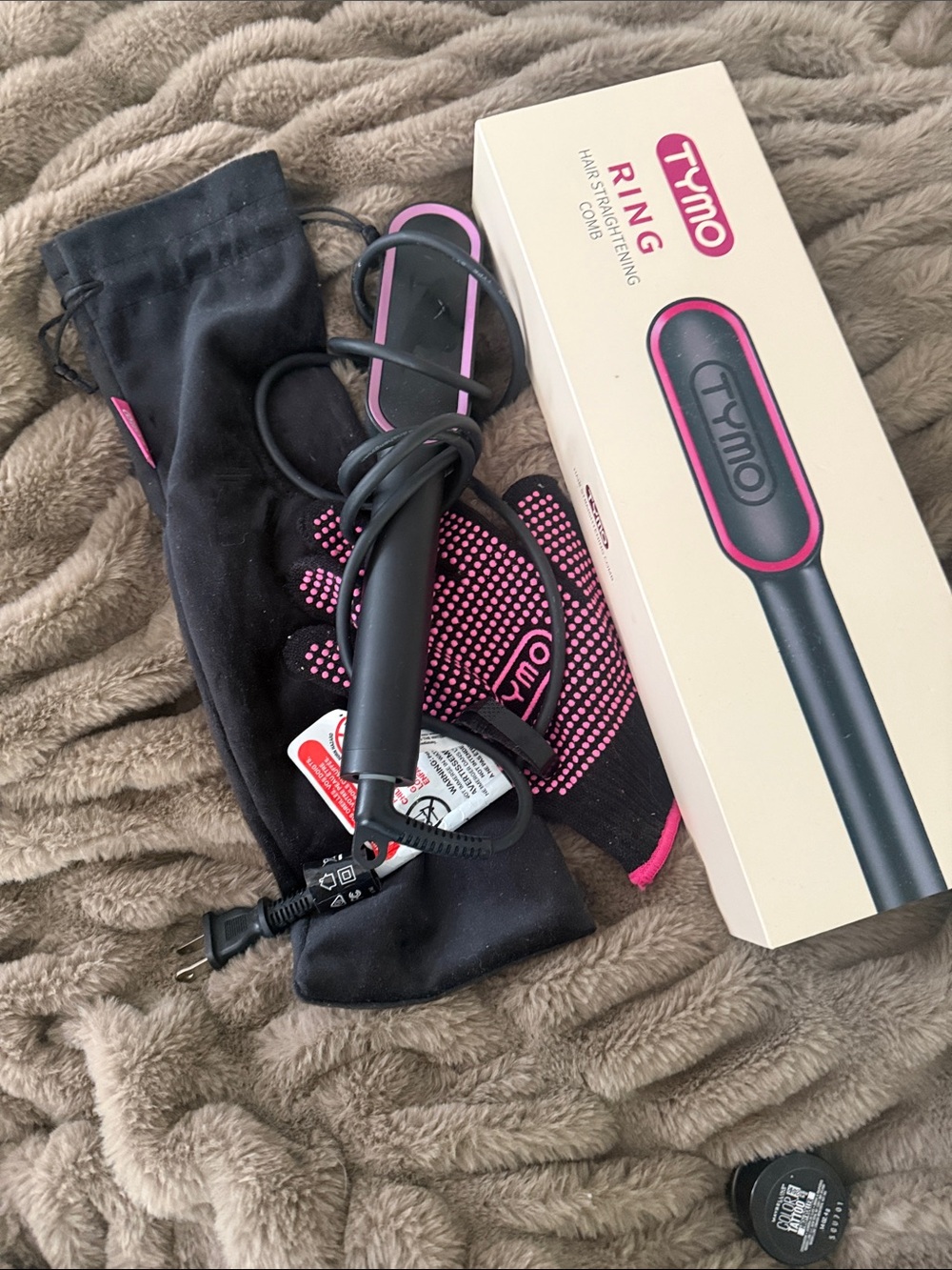 TYMO Ring Hair Straightening Comb Brush Black w/ Glove Pouch Manual Tested